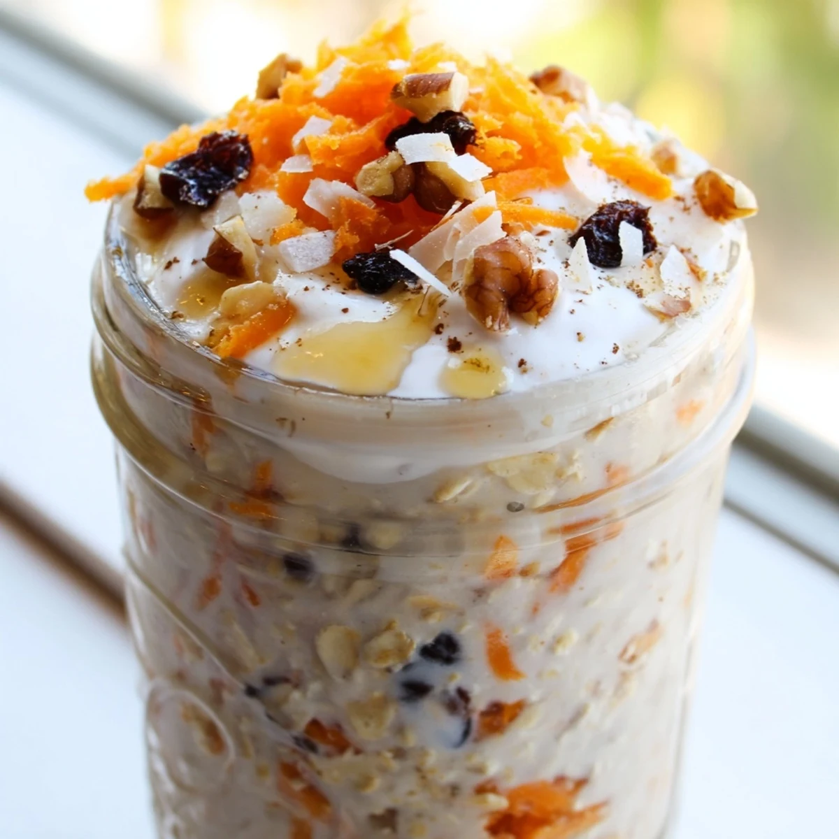 Spiced carrot cake overnight oats in a mason jar with raisins and coconut
