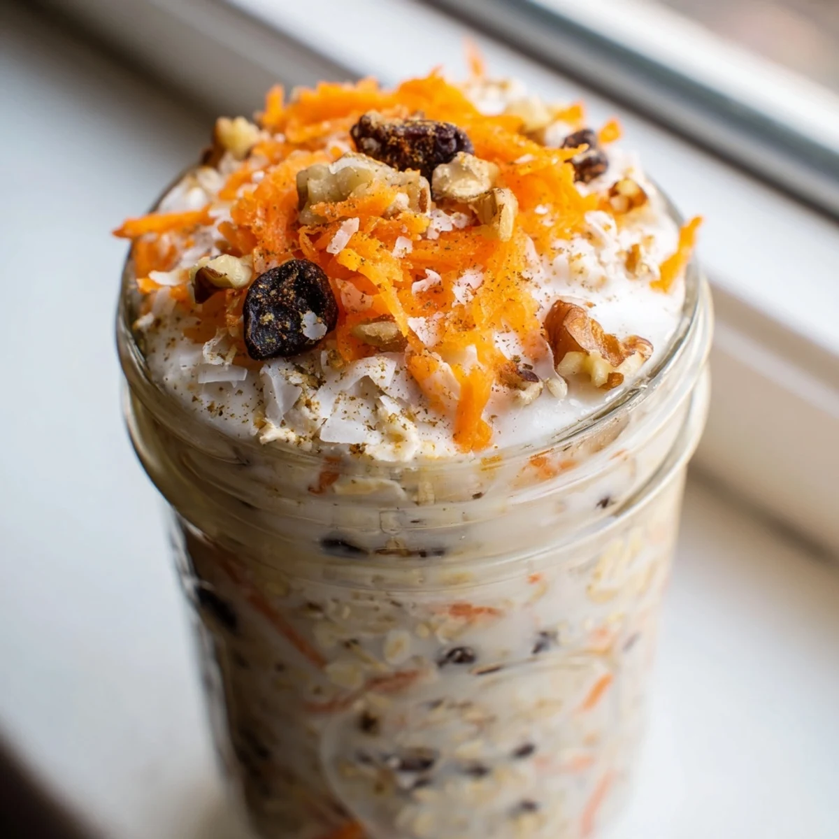 Creamy carrot cake overnight oats topped with walnuts and a maple drizzle