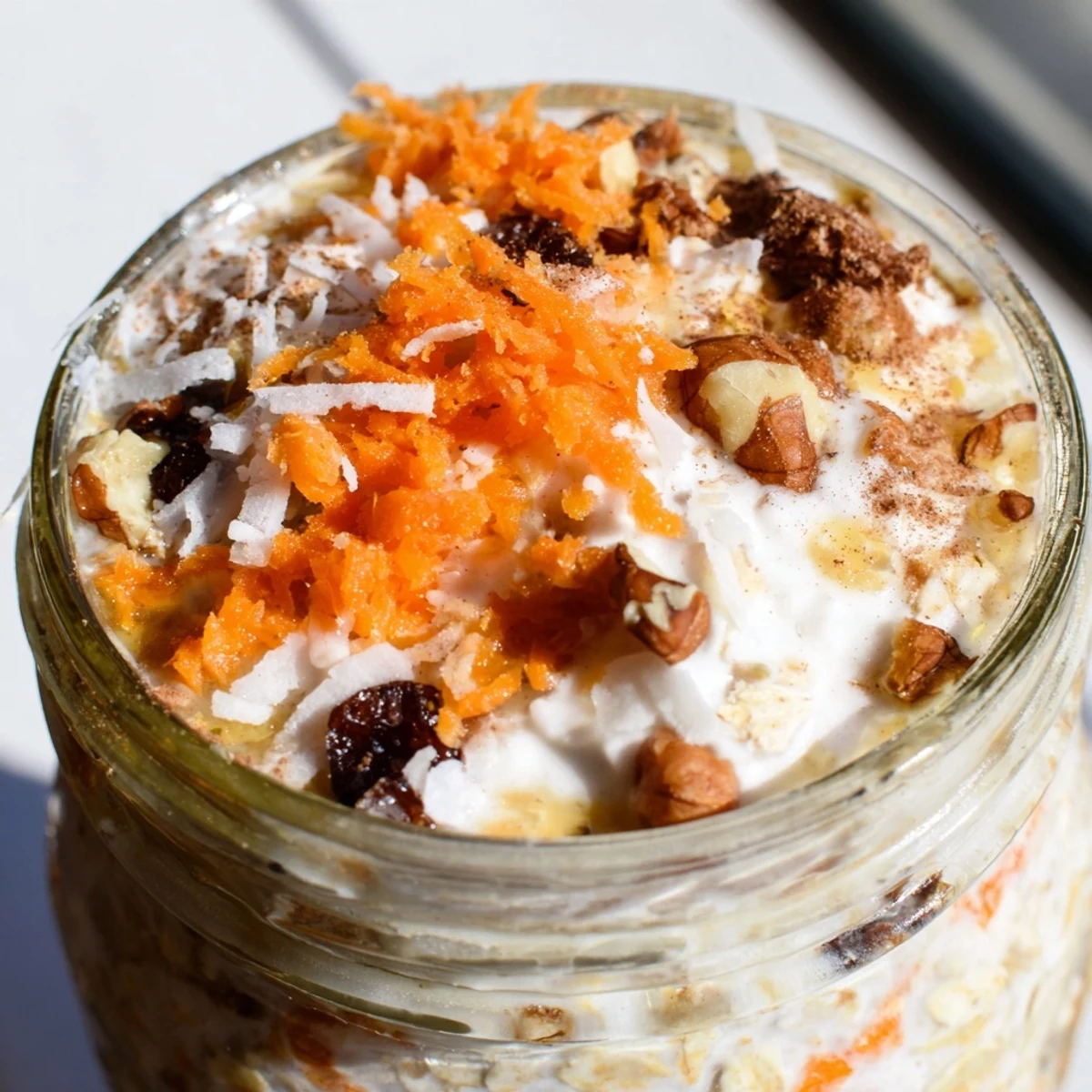 Thick carrot cake overnight oats served chilled with grated carrots and yogurt