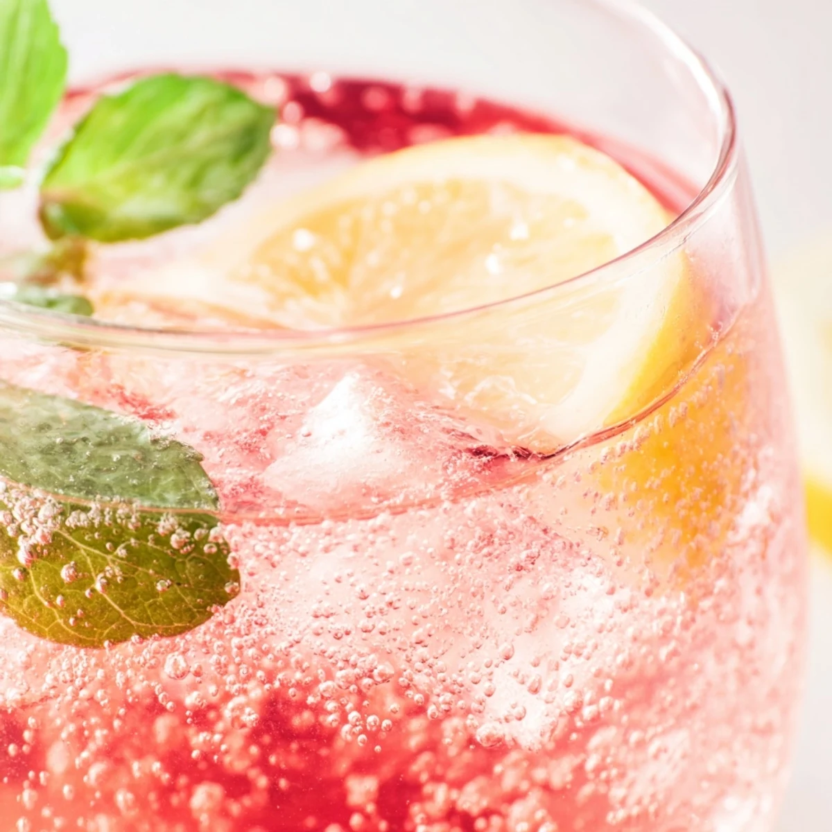 Honey lemon pink soda served over ice with fresh mint and lemon slices garnish