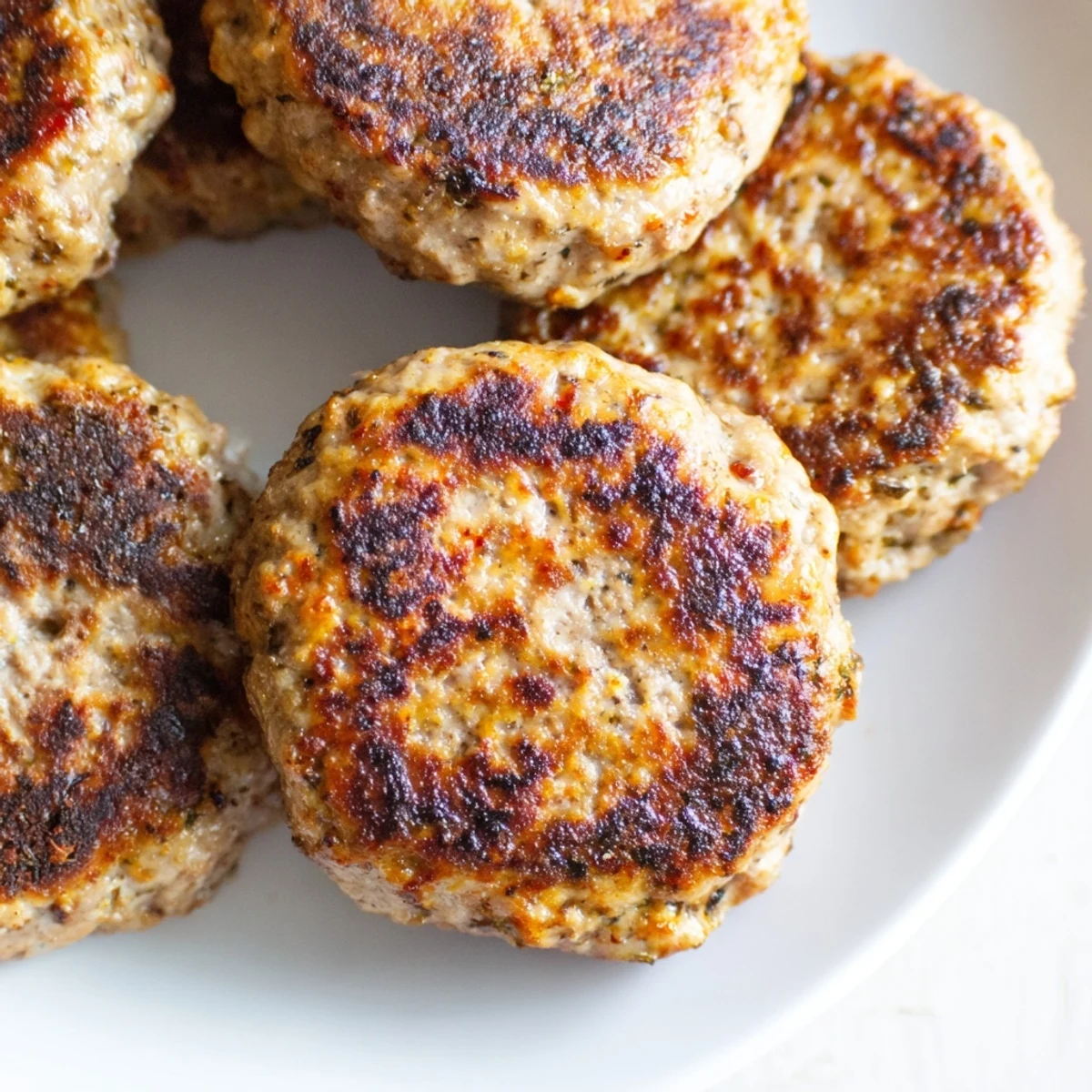 Golden brown ground turkey sausage patties sizzling in a cast iron skillet