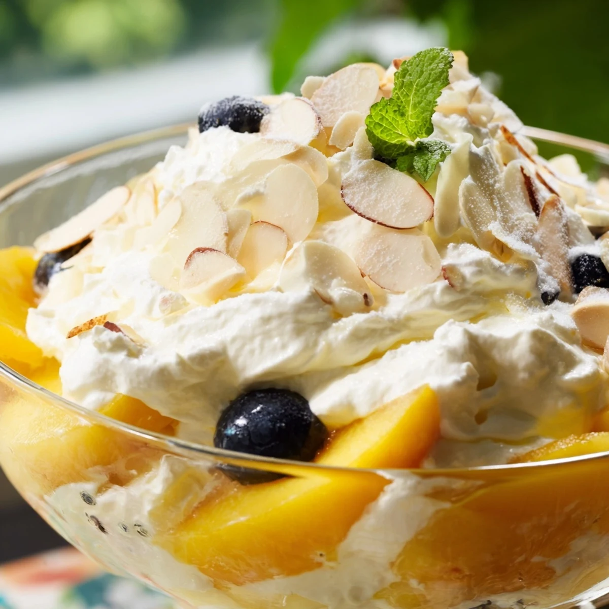 Creamy peaches and cream salad layered with ripe peach slices and billowy whipped topping