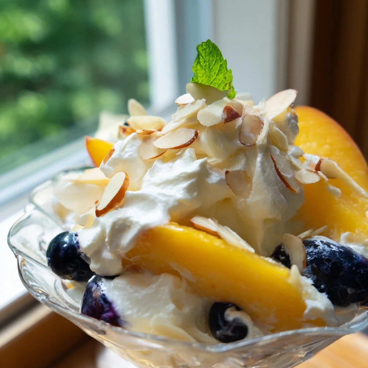 Chilled peaches and cream salad garnished with fresh mint leaves in a glass bowl