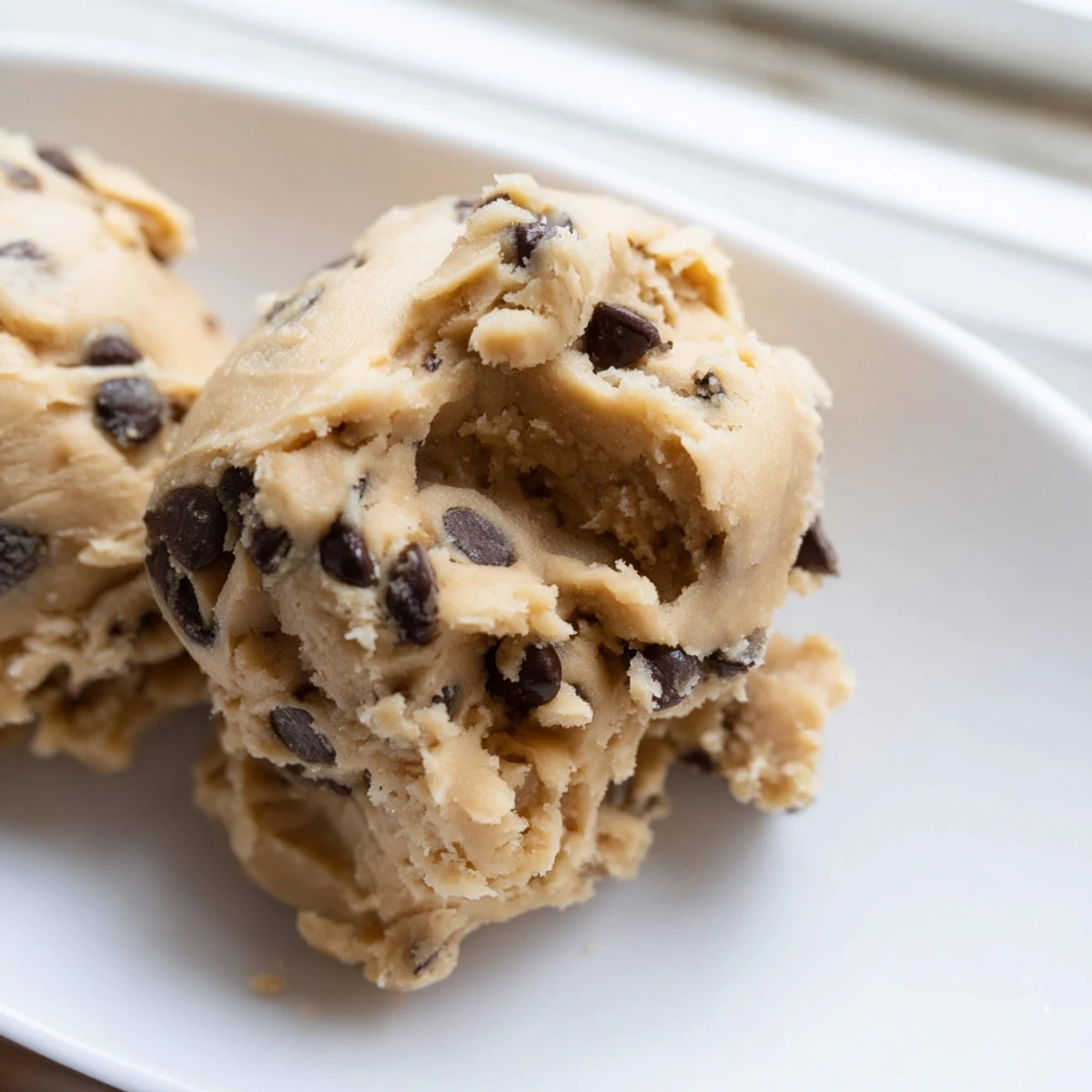 Creamy chocolate chip cookie dough scooped into balls with mini chocolate chips throughout