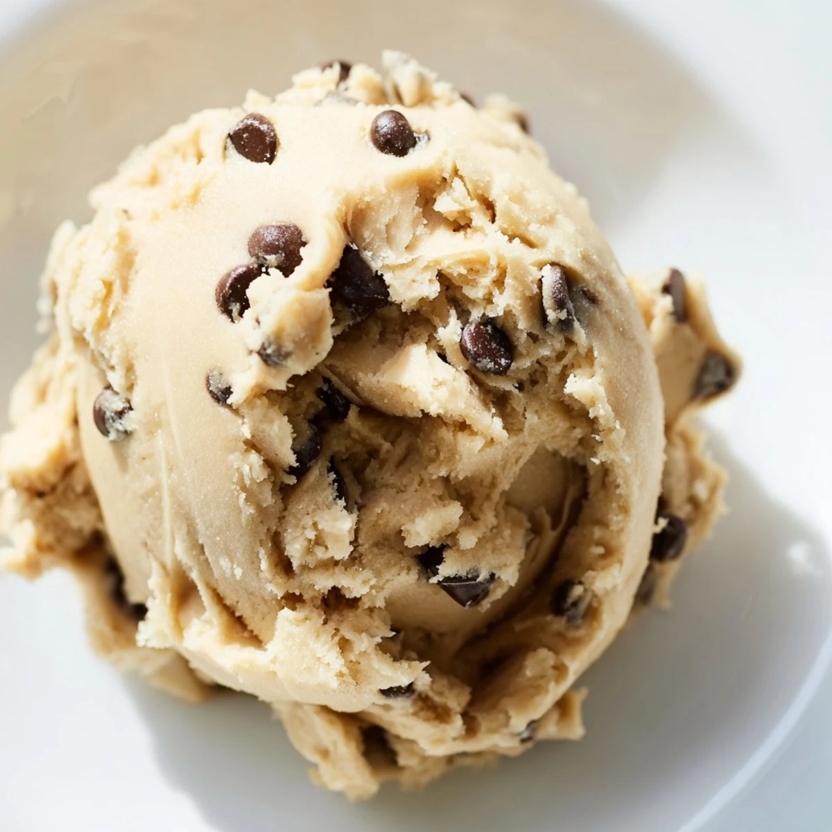 Edible chocolate chip cookie dough in a bowl speckled with rich semisweet chocolate pieces