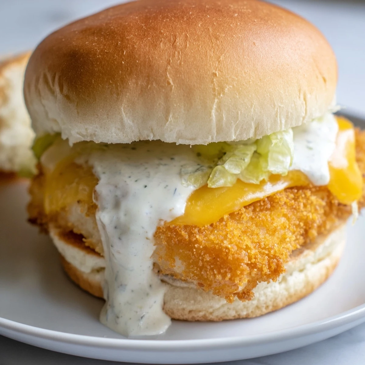 Golden crispy Filet O Fish sliders with melted cheese and creamy tartar sauce on toasted buns