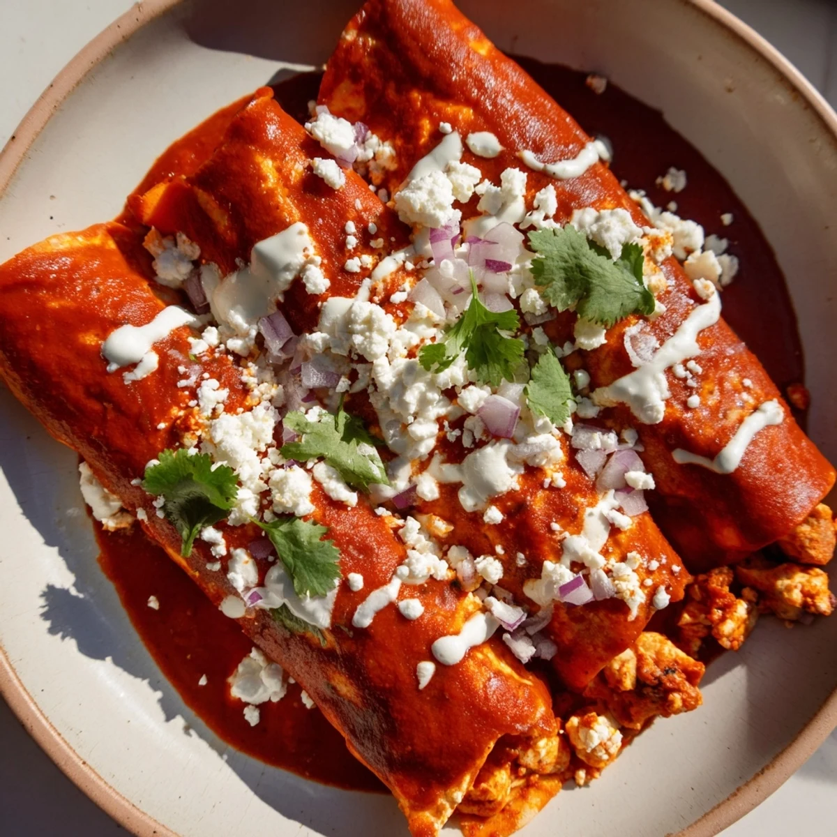 Golden entomatadas draped in rich tomato sauce topped with crumbled cheese and fresh cilantro