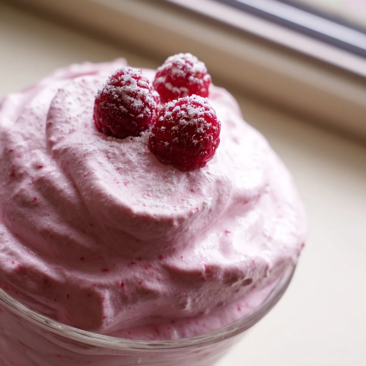 Fresh Raspberry Cloud Mousse served in elegant glasses topped with bright red berries