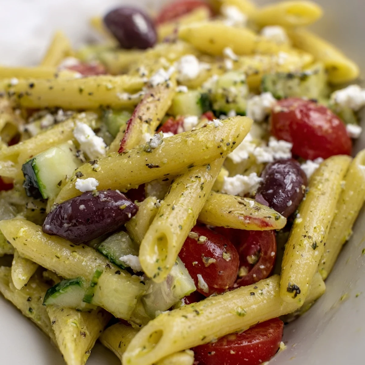 Colorful Greek pasta salad loaded with crisp cucumbers, ripe tomatoes, and tangy feta cheese