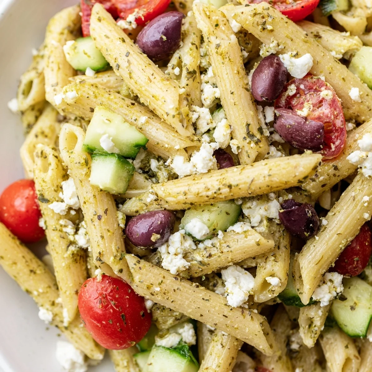 Greek pasta salad tossed with fresh Mediterranean vegetables and creamy herb dressing