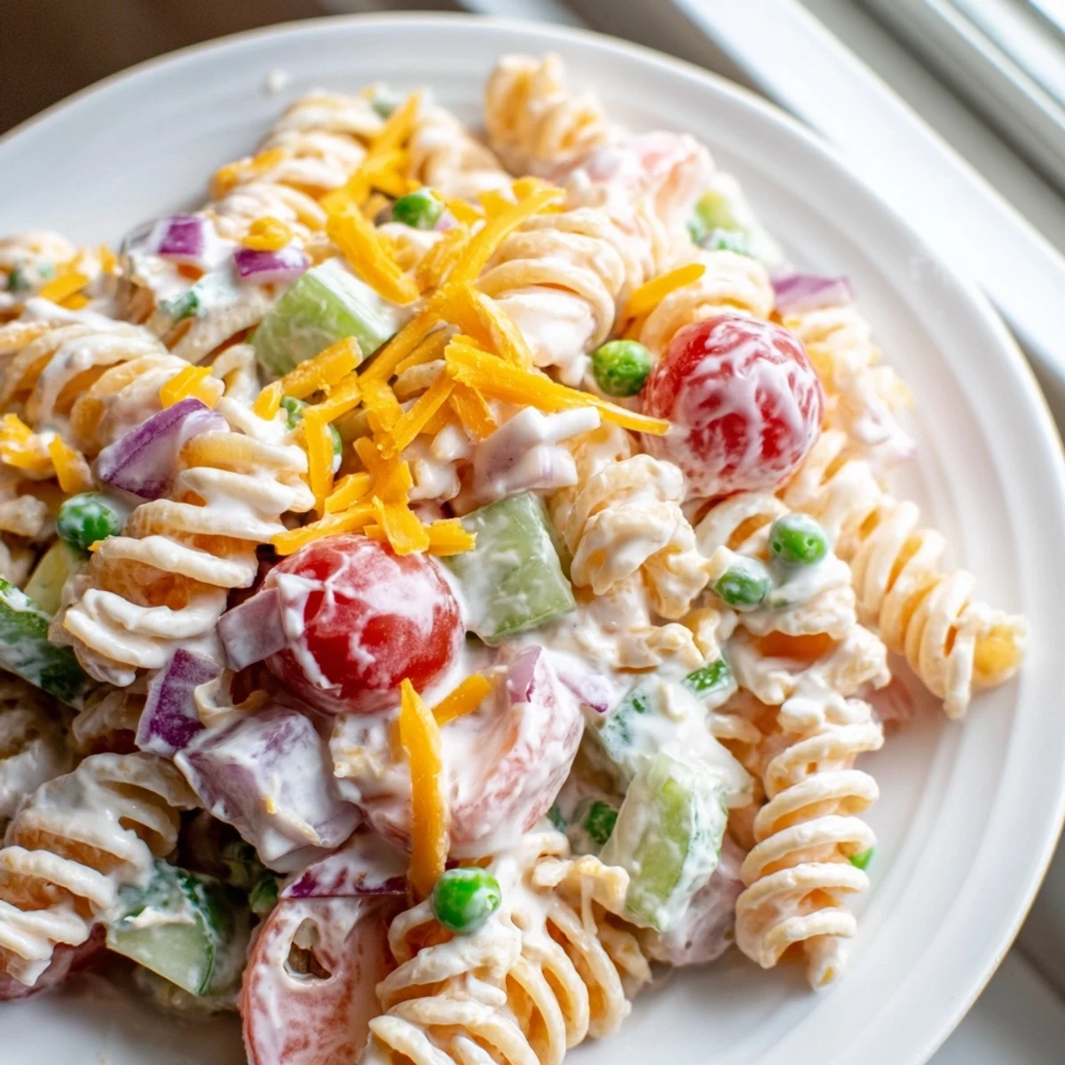 Creamy ranch pasta salad in a serving bowl with colorful diced vegetables and fresh herbs