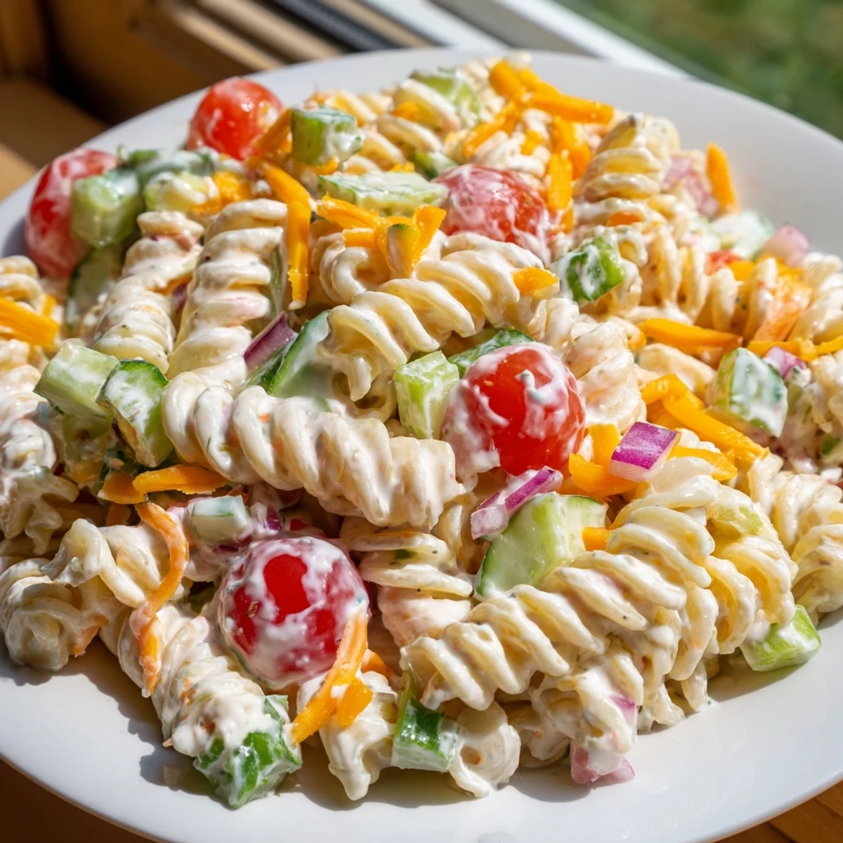 Chilled creamy ranch pasta salad featuring vibrant cherry tomatoes cucumber and bell pepper pieces