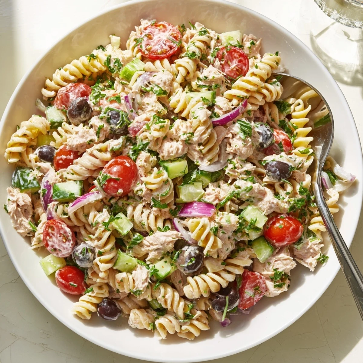 Creamy tuna pasta salad in a bowl with cherry tomatoes, celery, and fresh herbs