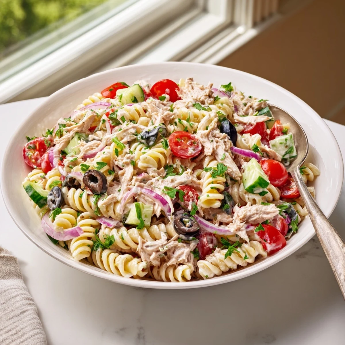 Chilled tuna pasta salad topped with crisp vegetables and coated in tangy dressing