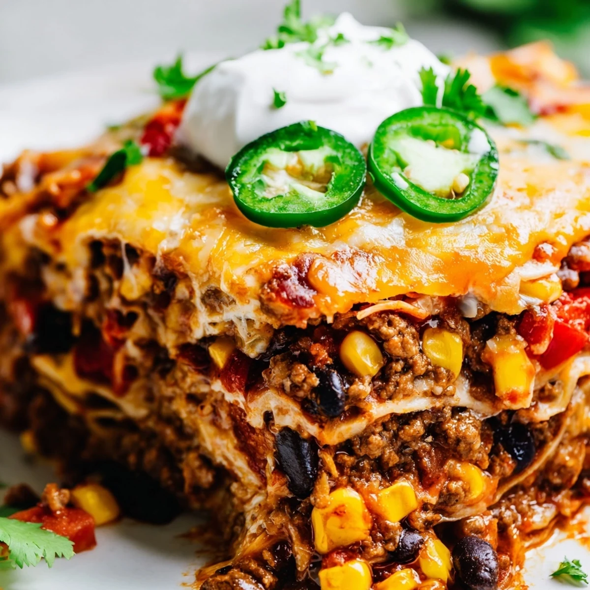 Golden bubbling Mexican lasagna with layers of seasoned beef, beans, and melted cheese.