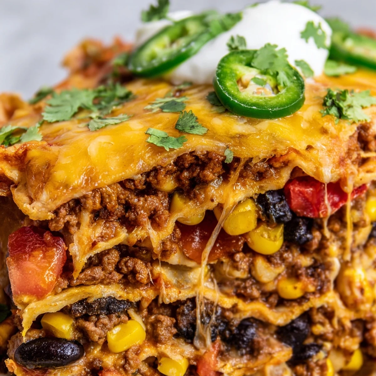 Mexican lasagna fresh from the oven with gooey cheese and colorful Tex-Mex filling.