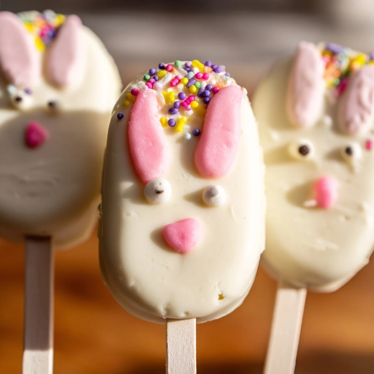 Adorable white chocolate bunny cakesicles with candy eyes on a festive Easter dessert platter