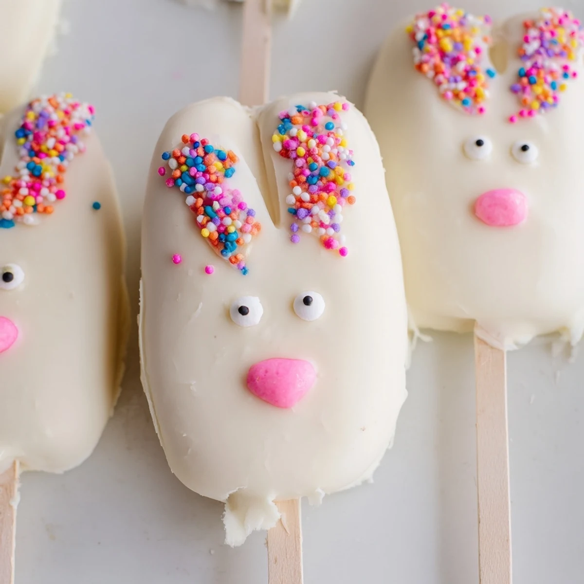 Creamy white chocolate bunny cakesicles decorated with pink ears and colorful spring sprinkles