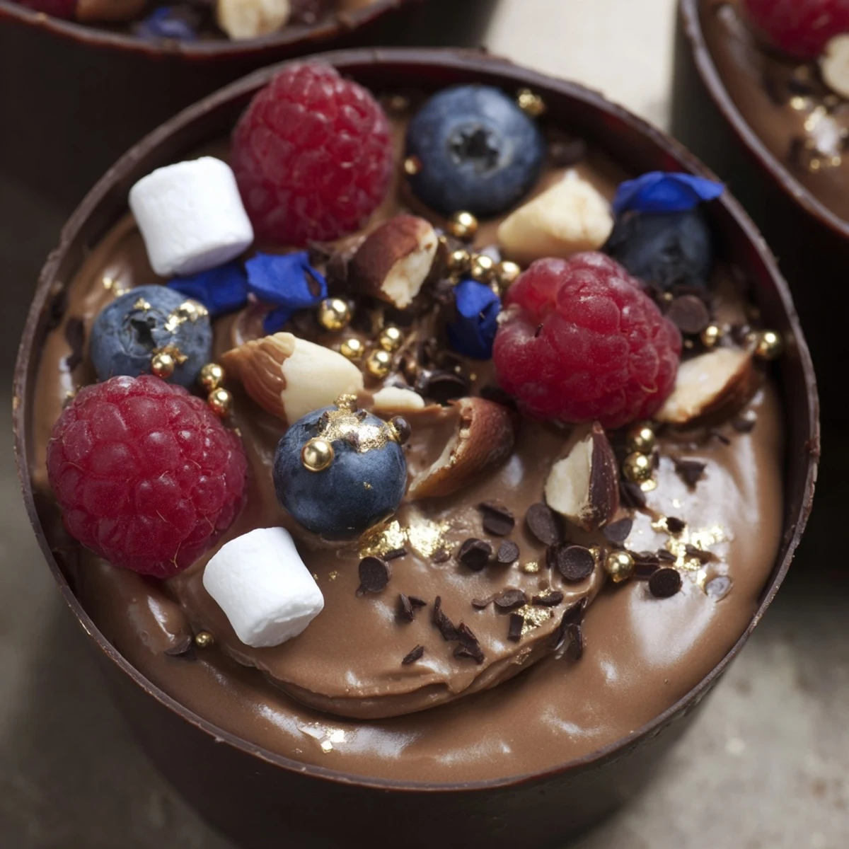 Elegant chocolate grazing cups topped with fresh berries and crunchy nuts for dessert