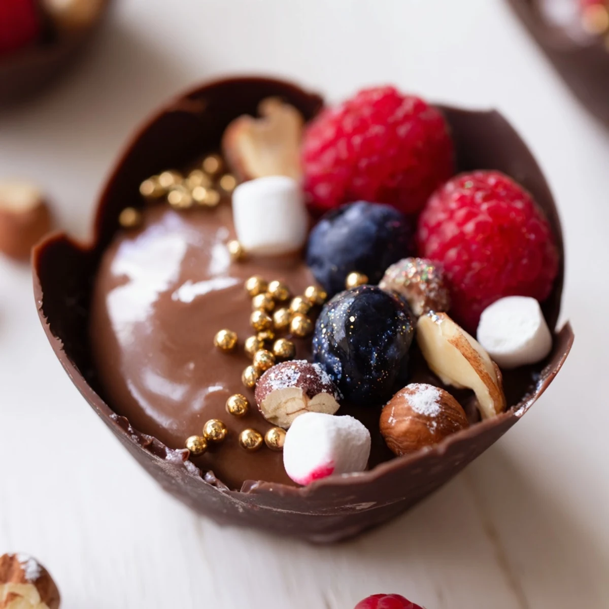 Rich chocolate mousse cups garnished with colorful berries, marshmallows, and chocolate curls