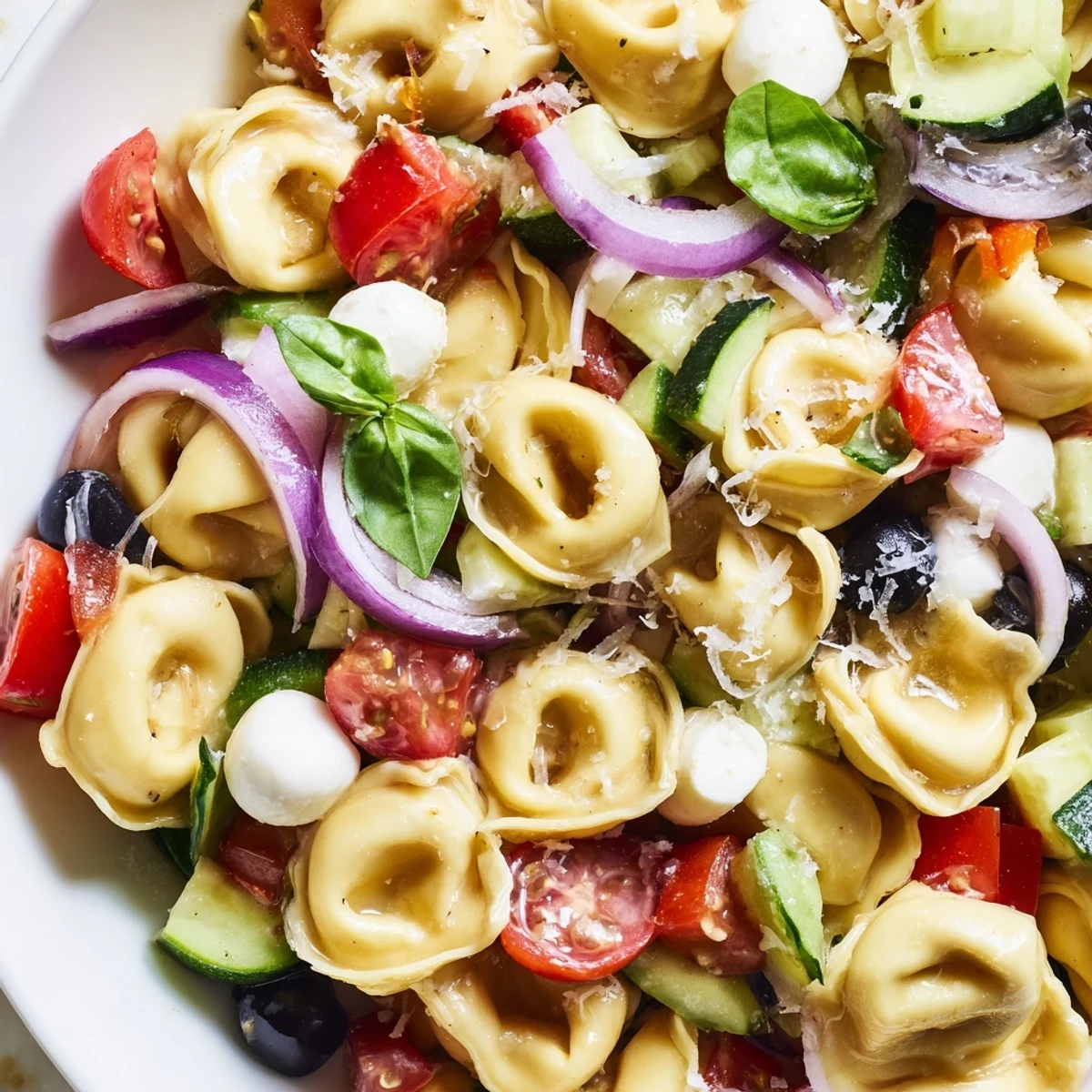 Creamy cheese tortellini salad featuring crisp vegetables and fresh basil leaves drizzled with tangy vinaigrette