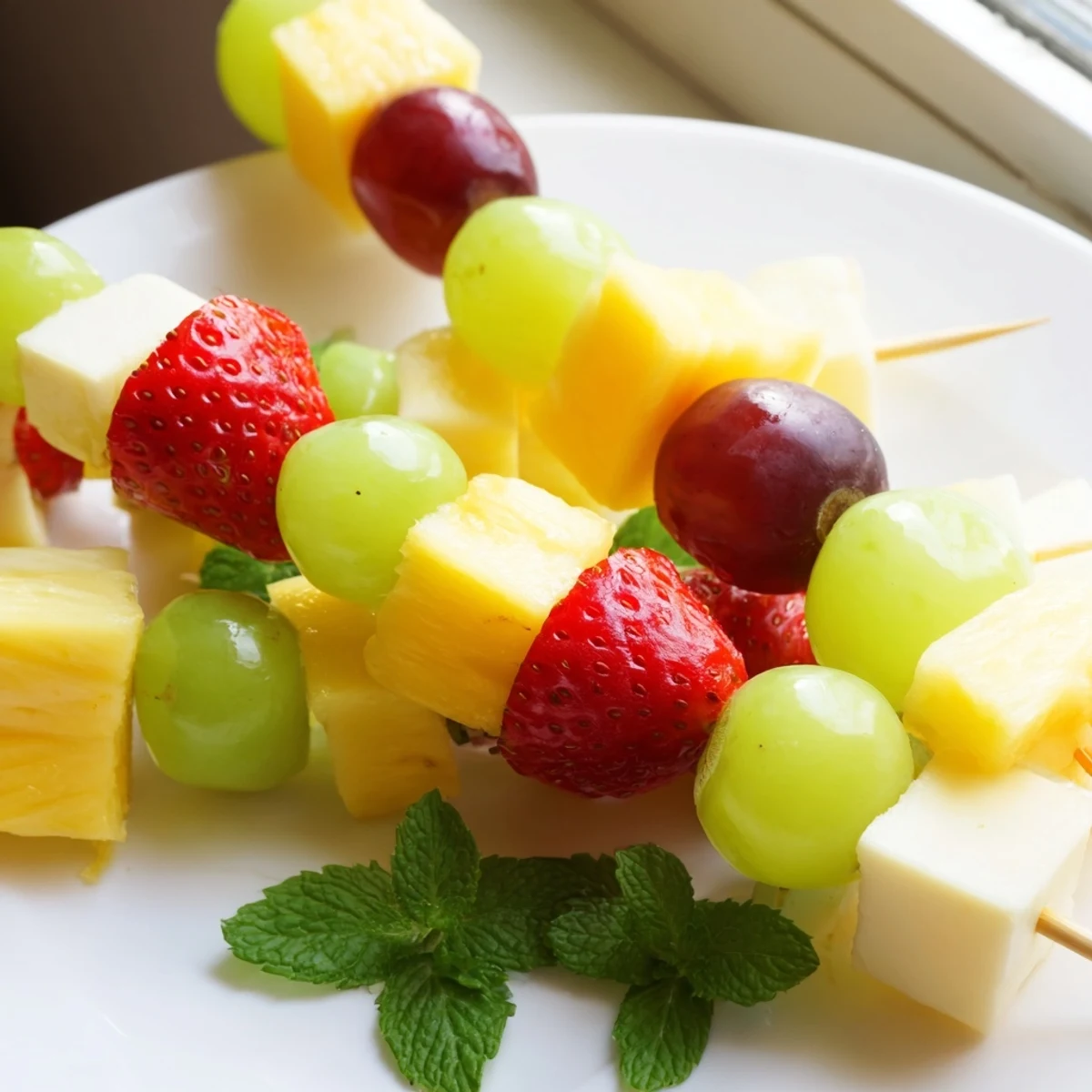 Colorful fruit and cheese kabobs arranged on wooden skewers for party appetizer display