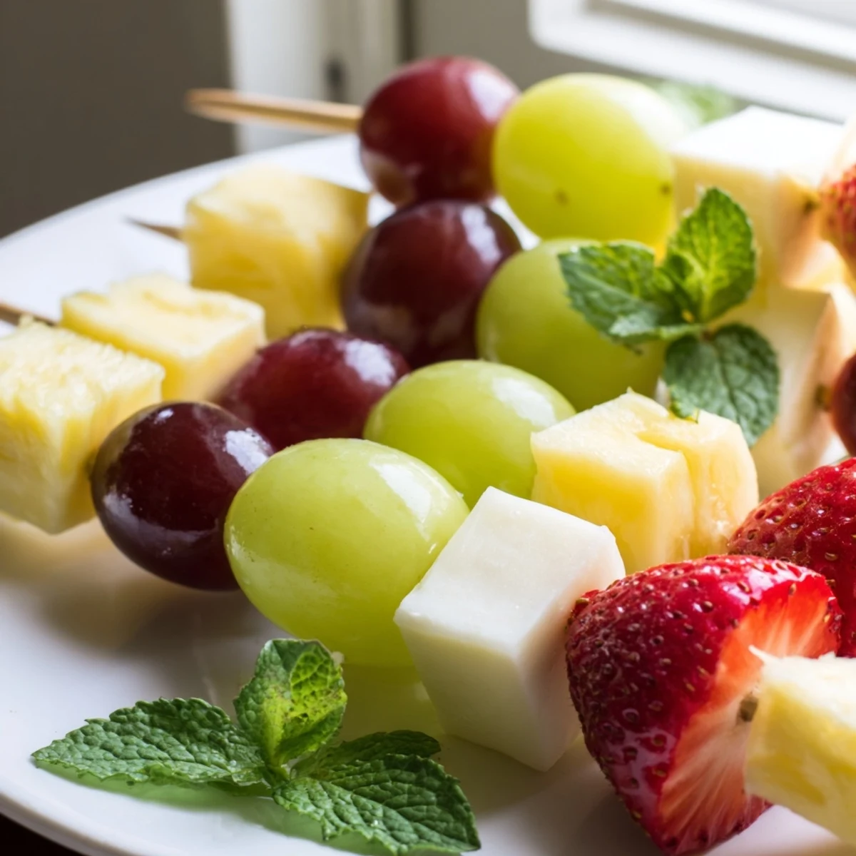 Fruit and cheese kabobs featuring red grapes pineapple strawberries and cubed cheddar cheese