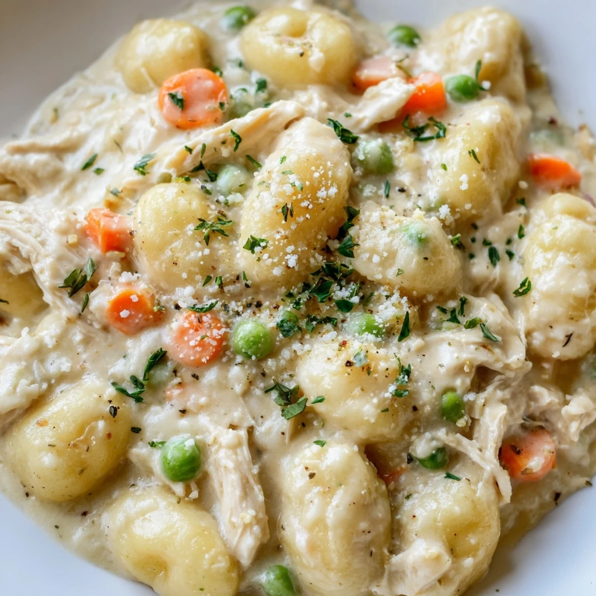 Creamy one pot gnocchi chicken pot pie with tender vegetables in golden savory sauce