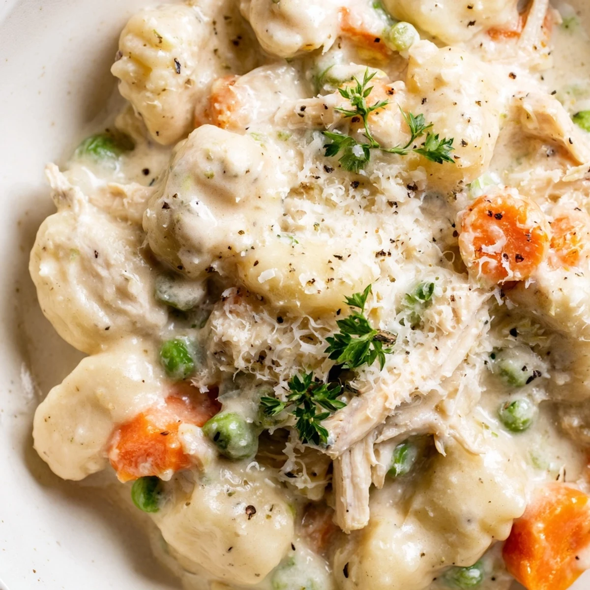 One pot gnocchi chicken pot pie topped with fresh parsley and parmesan cheese