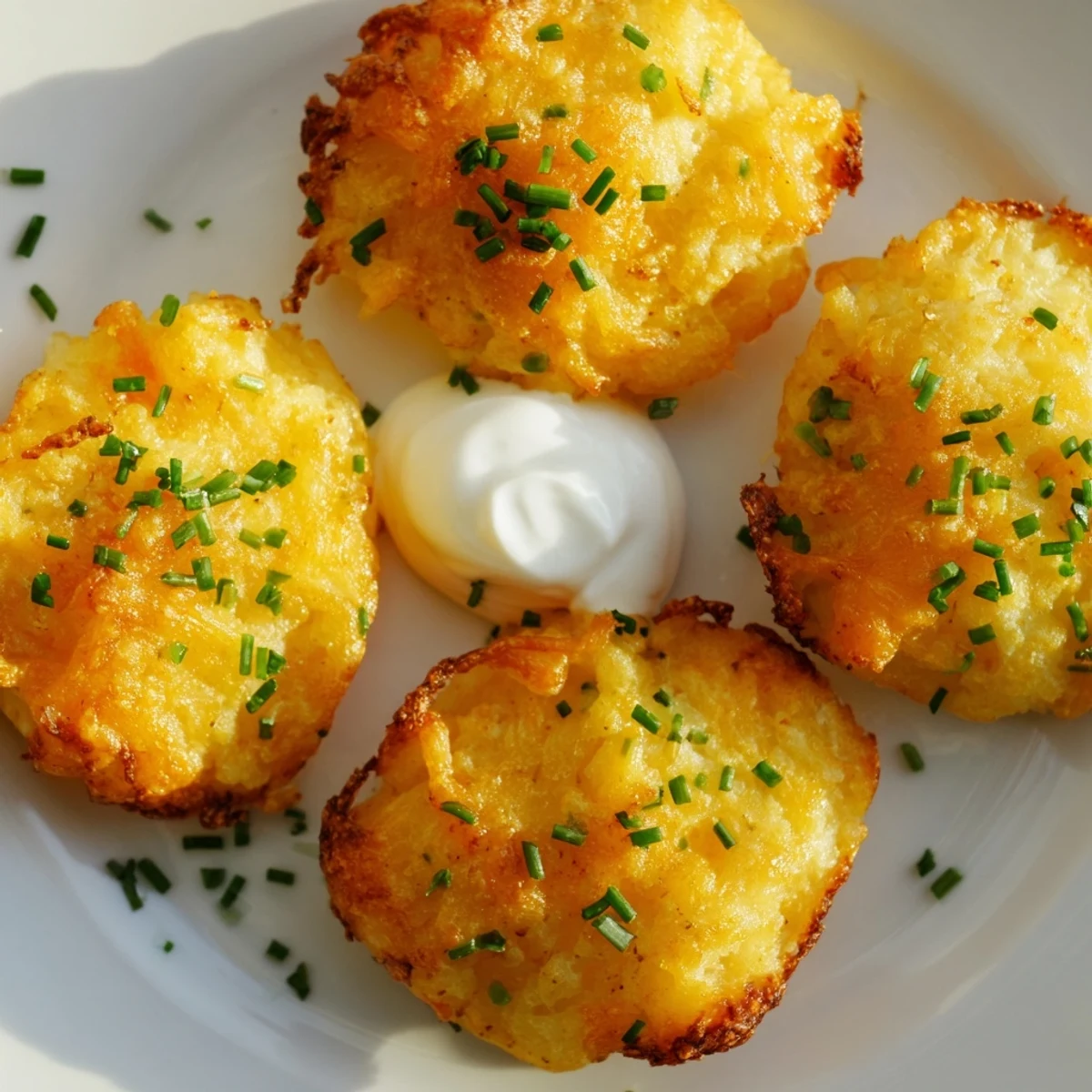 Crispy Mashed Potato Cheese Puffs with melted cheddar and fresh green chive garnish