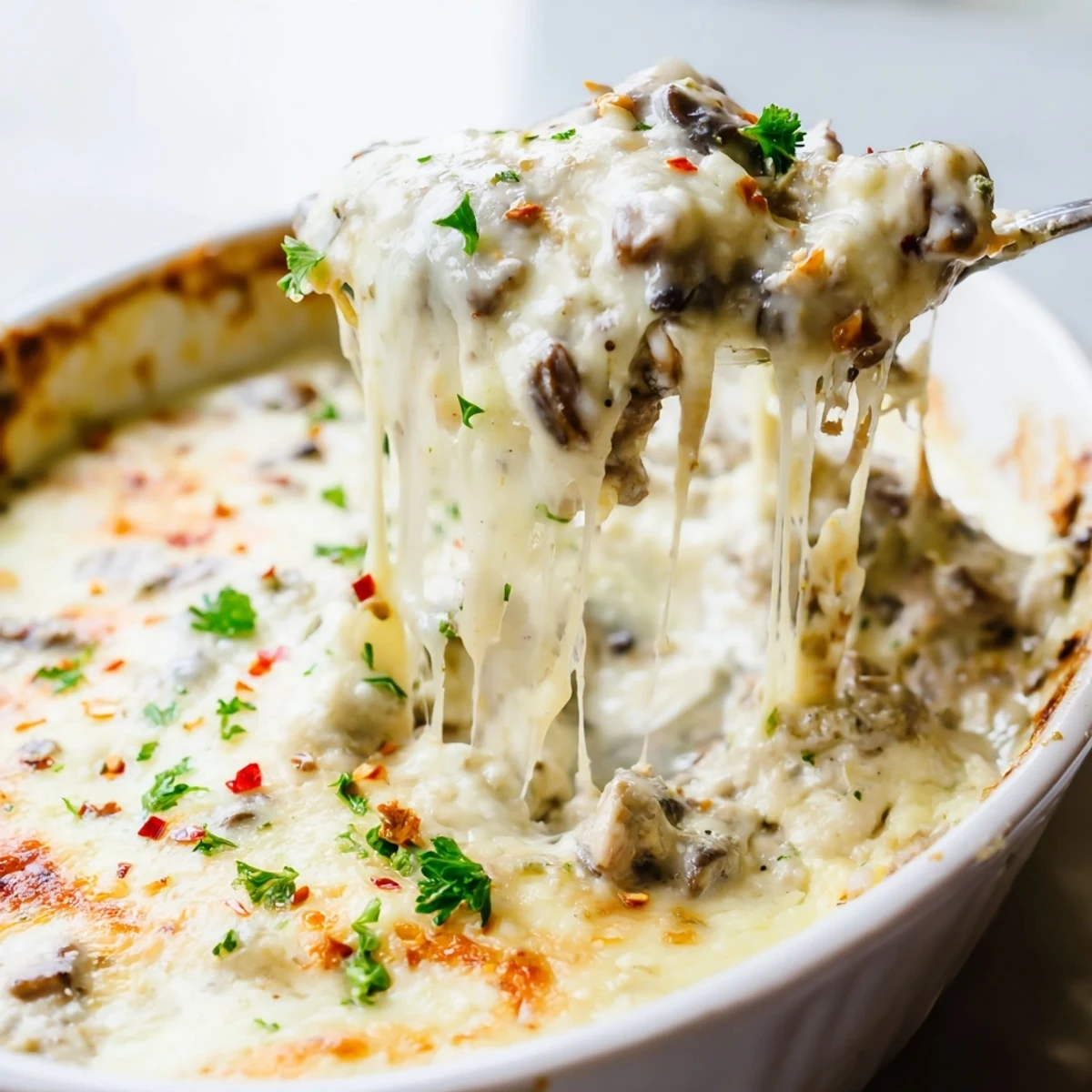 Golden bubbling stuffed mushroom dip served warm in a cast iron skillet