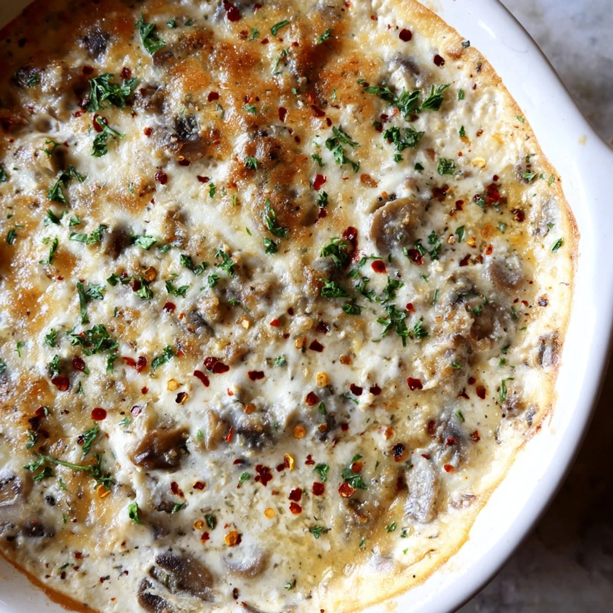Creamy stuffed mushroom dip topped with fresh parsley and toasted baguette slices