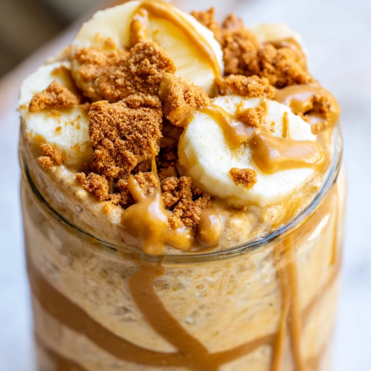Creamy Biscoff overnight oats topped with crushed cookies and a golden caramel drizzle