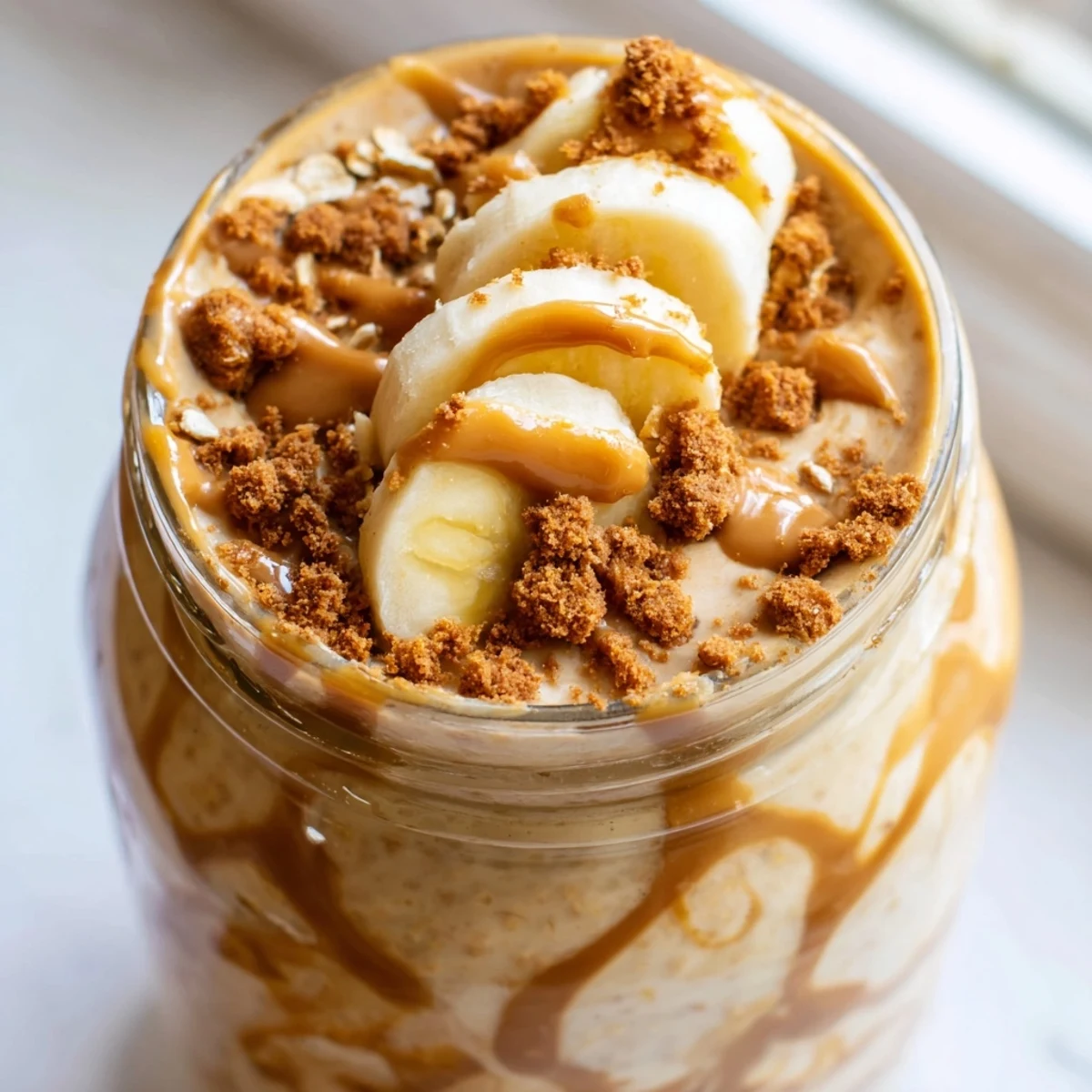 Thick Biscoff overnight oats layered in a jar with banana slices and cookie crumbles