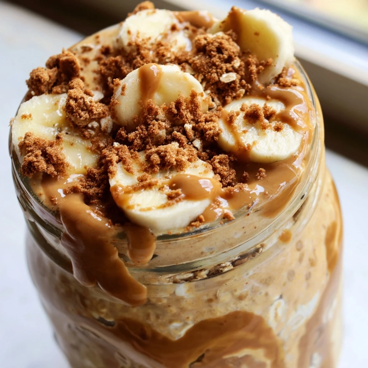 Smooth Biscoff overnight oats served chilled with melted cookie butter drizzle and fresh berries