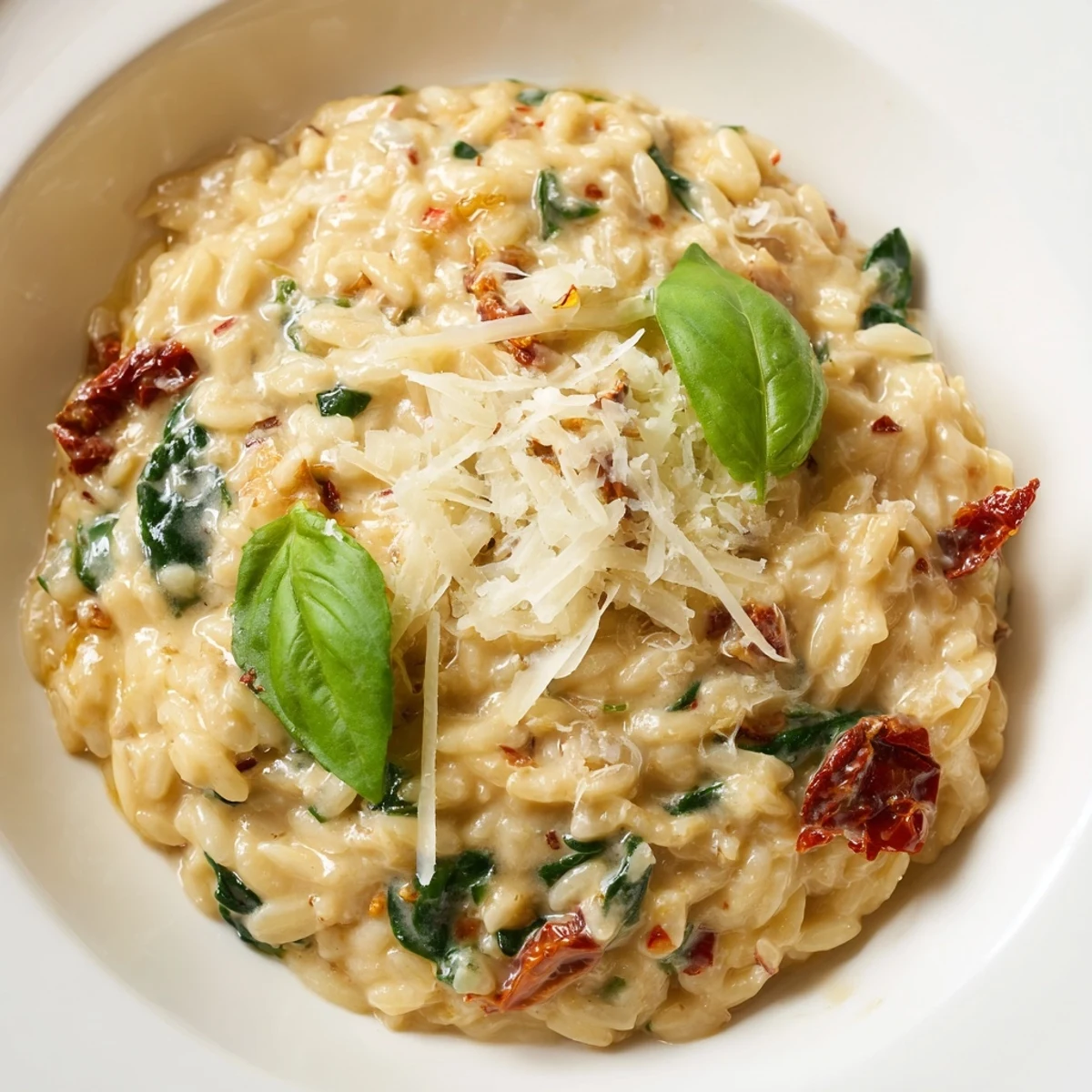 Creamy Tuscan orzo in a skillet with sun-dried tomatoes, spinach, and melted Parmesan cheese