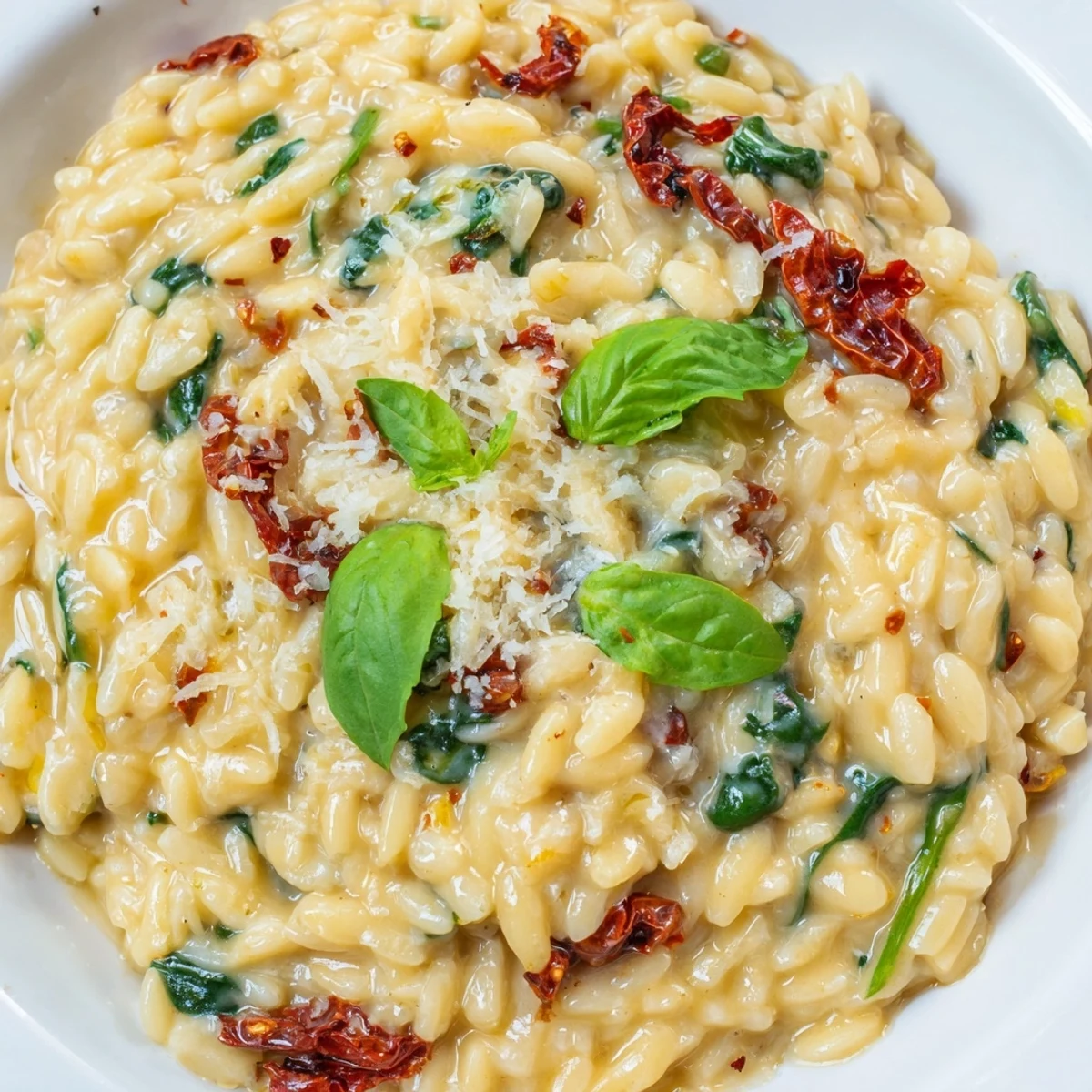 Golden creamy Tuscan orzo topped with fresh basil and sprinkled with extra Parmesan