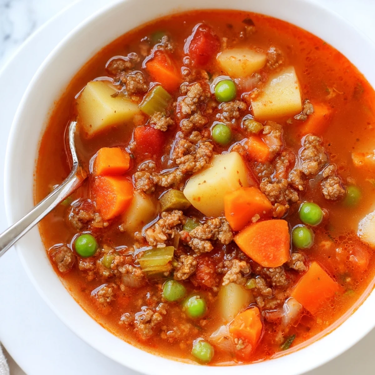 Hearty ground beef and potato soup in a rustic bowl ready for serving