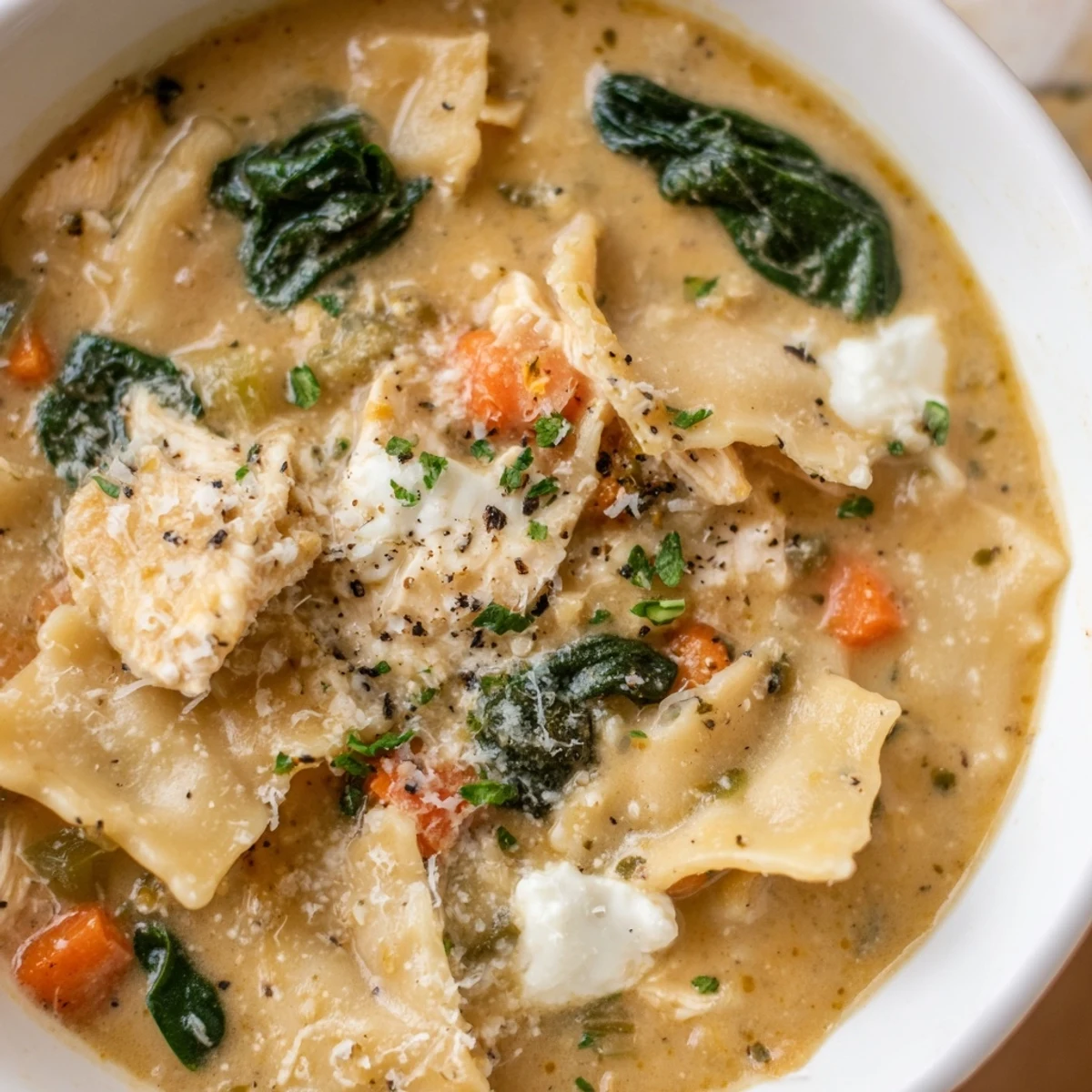 Steaming bowl of Italian white lasagna soup with tender chicken, broken noodles, and herby broth