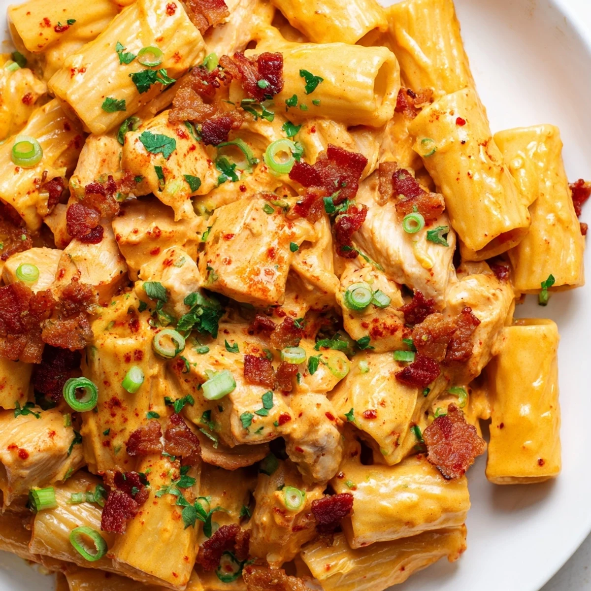 Creamy Crack Chicken Pasta topped with crispy beef bacon and chopped herbs in a cast iron skillet