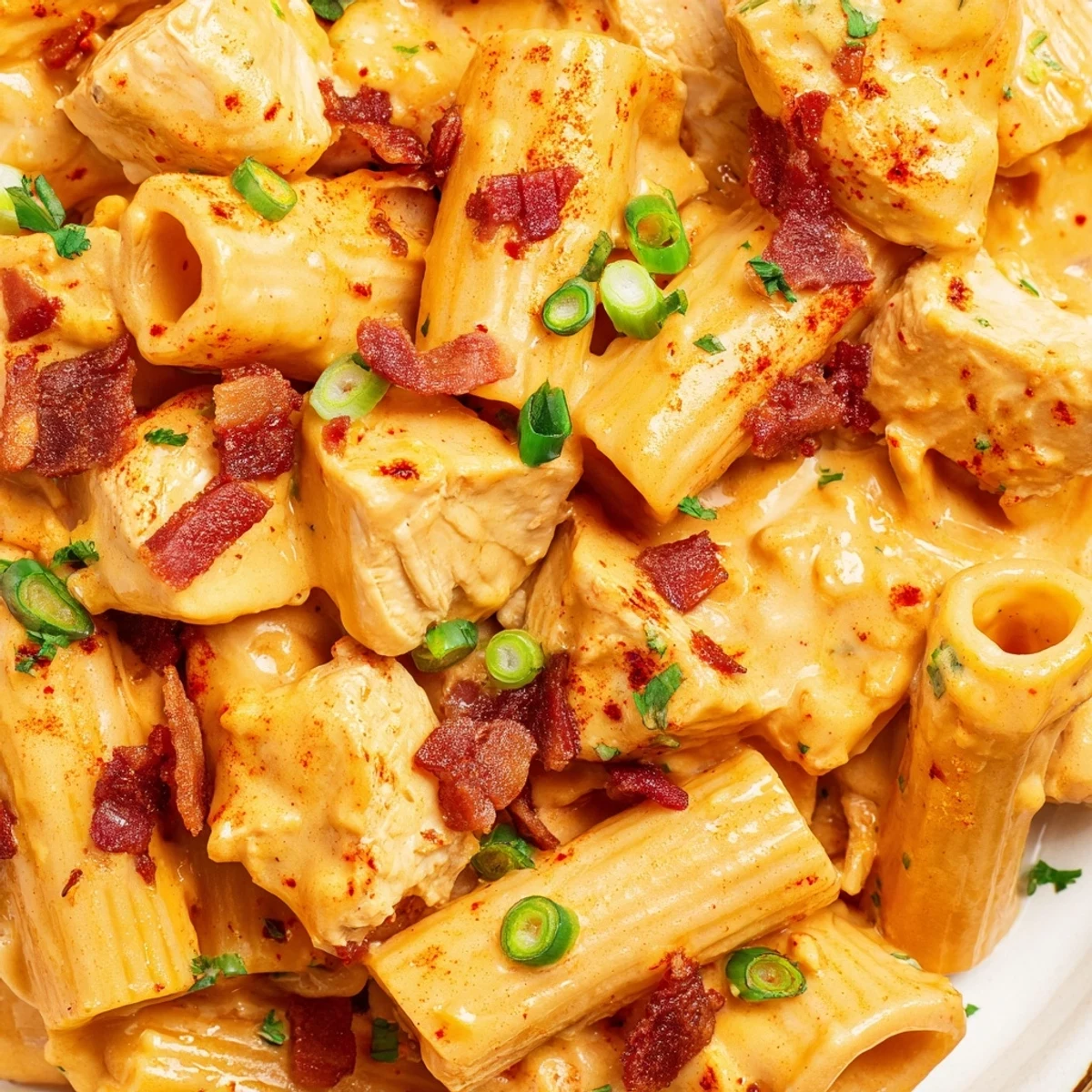 A steaming bowl of Creamy Crack Chicken Pasta drizzled with golden cheese sauce and fresh chives