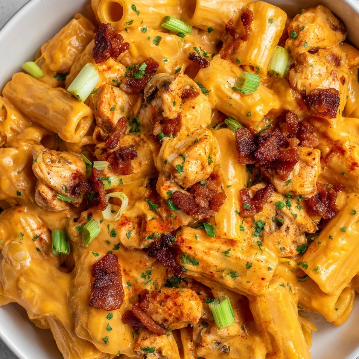Creamy Crack Chicken Pasta garnished with crunchy beef bacon bits and vibrant green parsley on a white plate