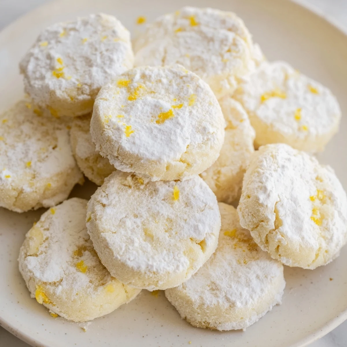 Powdered-sugar-dusted Lemon Meltaways arranged on a rustic parchment-lined baking sheet