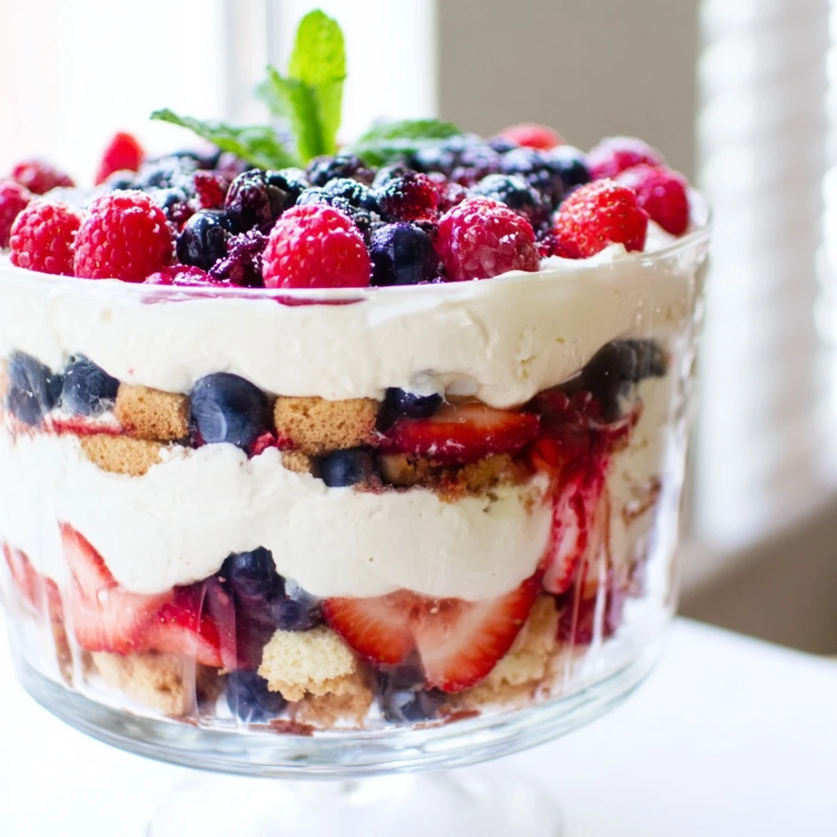 Creamy Red White Blue Mixed Berry Yum Yum layered in a glass trifle bowl