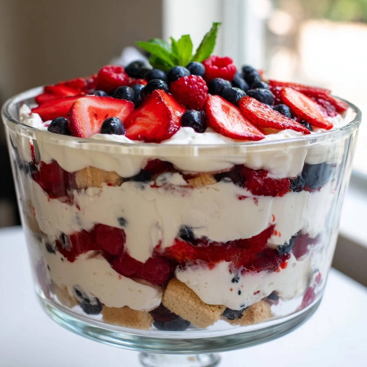 Red White Blue Mixed Berry Yum Yum topped with fresh strawberries and whipped filling