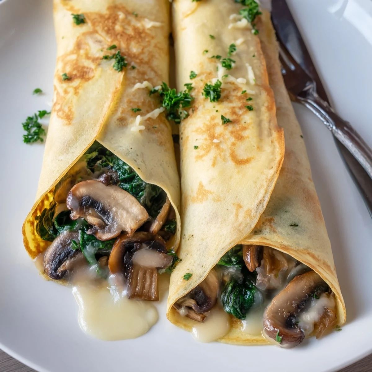 Thin French savory crepes folded around a warm spinach and mushroom filling