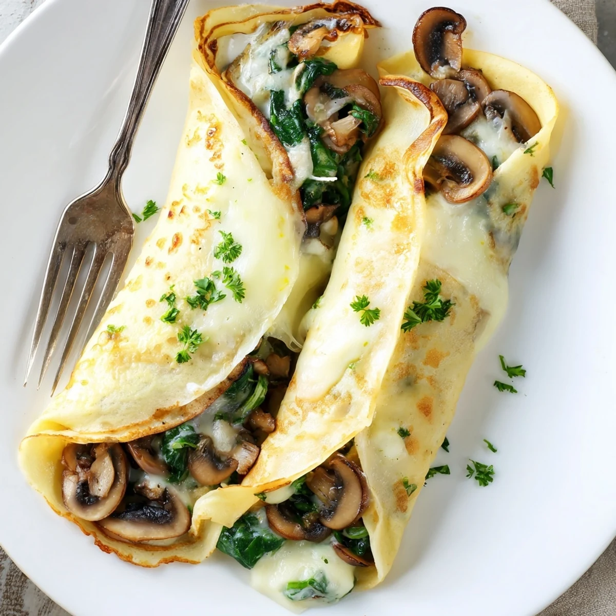 Golden savory crepes filled with sautéed spinach, mushrooms, and melted Gruyère cheese