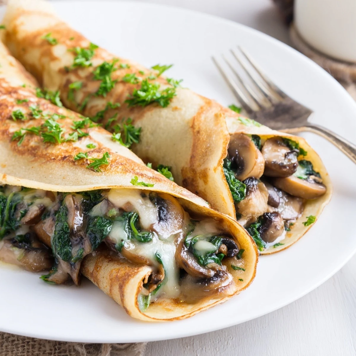 Savory crepes plated on a white dish with herbs and bubbling melted cheese