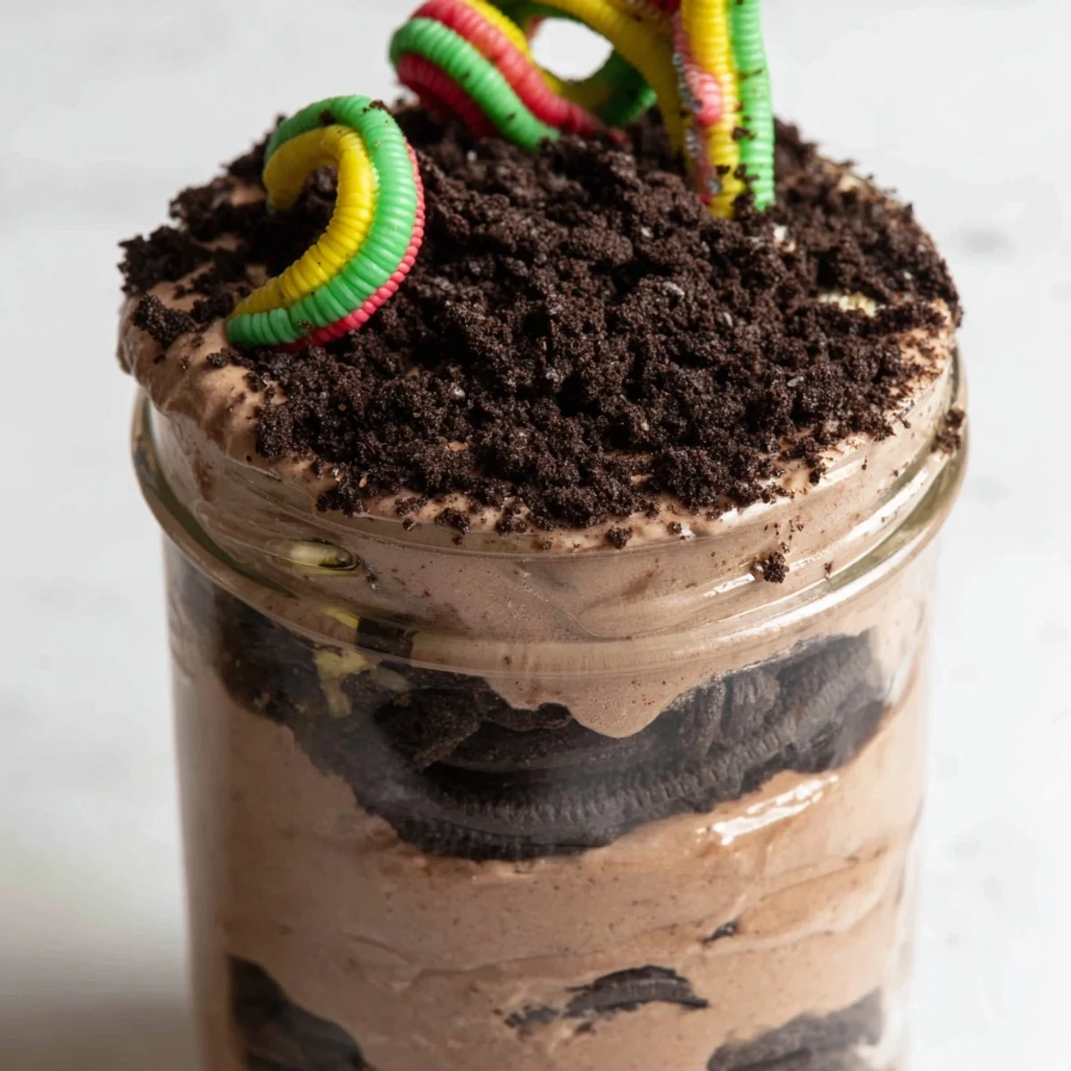 Creamy dirt pudding with crushed cookie crumbs and gummy worms in clear cups