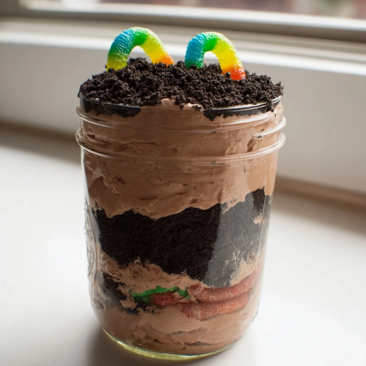 Chocolate dirt pudding layered with Oreo crumbs and topped with crawling gummy worms
